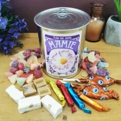 Coffret Bonbon Ancien : Boite De Conserve Remplie De Bonbons "Pour Une Super Mamie"